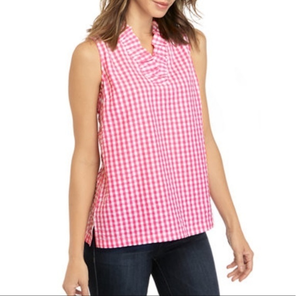 Crown & Ivy Pink White Sleeveless Gingham Blouse